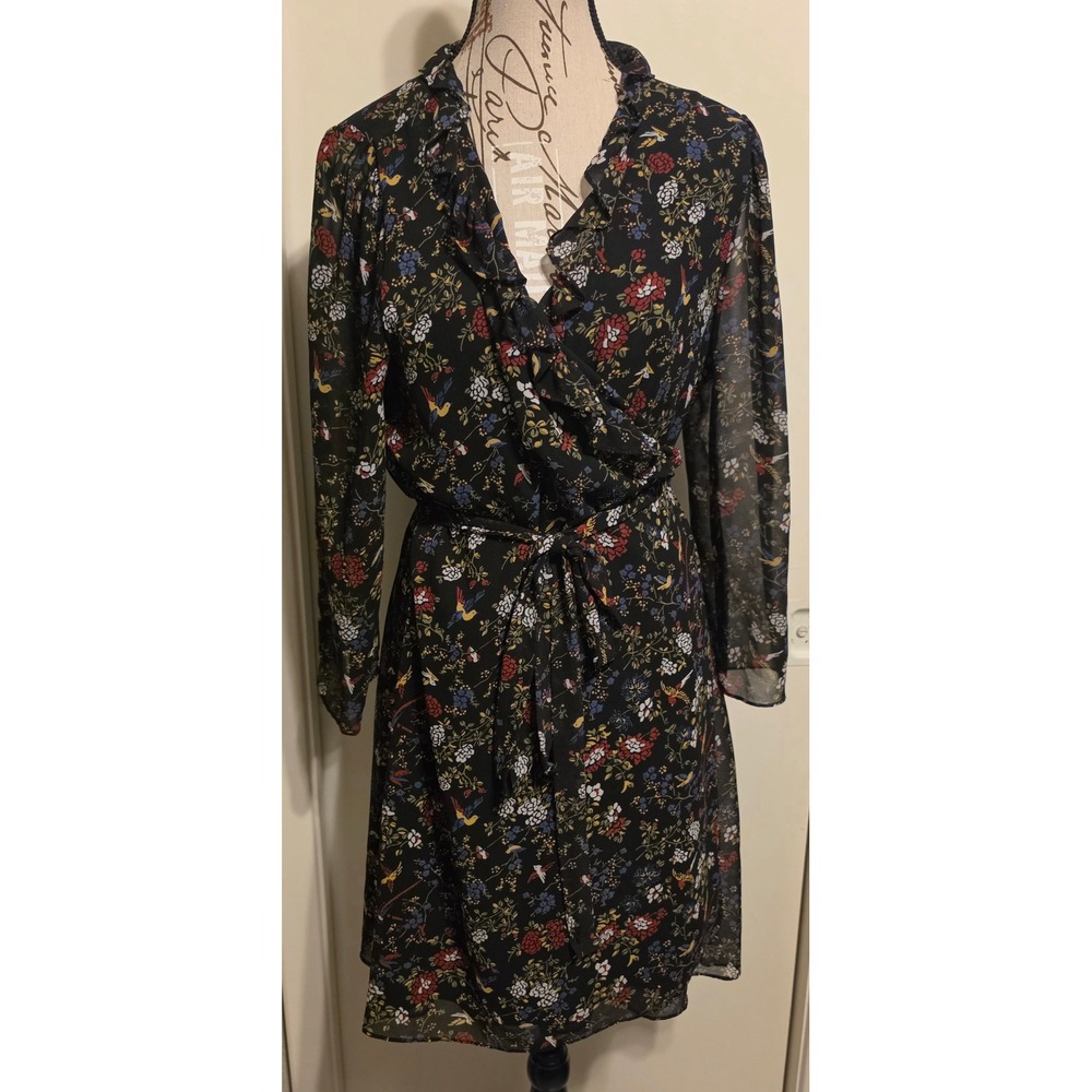 Madewell Black Finch Floral Bird Print Ruffle Wrap Dress Long Sleeve Large